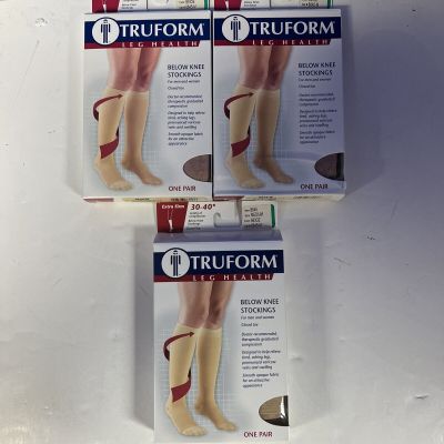 3 Pairs Lot Truform Stockings Knee High Closed Toe: 30-40 mmHg M BEIGE (8845-M)